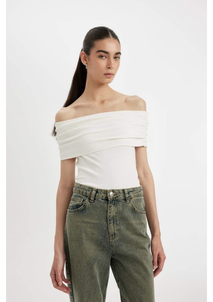 Slim Fit Dar Kesim Omuzu Açık Ribana Kısa Kollu Tişört D2906AX24SM