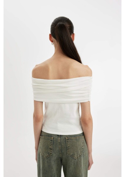Slim Fit Dar Kesim Omuzu Açık Ribana Kısa Kollu Tişört D2906AX24SM