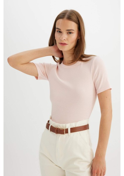 Slim Fit Dar Kesim Bisiklet Yaka Fitilli Kaşkorse Basic Düz Kısa Kollu Tişört C0097AX24SM