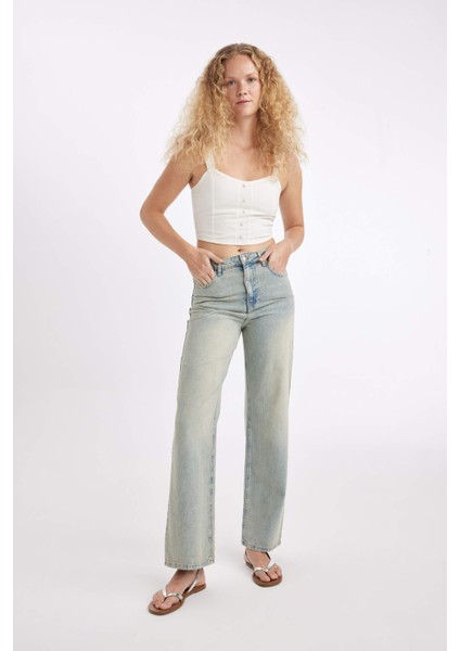 90's Wide Leg Yüksek Bel Uzun Jean Yıkamalı Pantolon D2961AX24HS