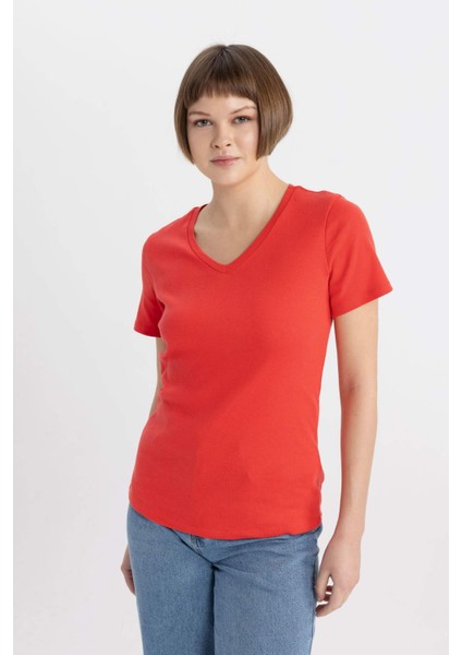 Slim Fit Dar Kesim V Yaka Ribana Basic Düz Kısa Kollu Tişört I1080AZ24SM