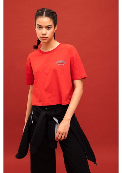 Fit Crop Bisiklet Yaka Baskılı Sporcu Kısa Kollu Tişört B8981AX24SM