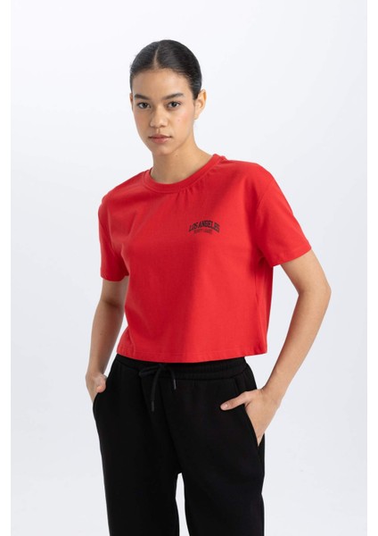 Fit Crop Bisiklet Yaka Baskılı Sporcu Kısa Kollu Tişört B8981AX24SM