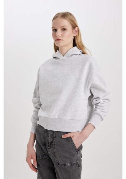 Boxy Fit Kapüşonlu Kalın Basic Sweatshirt B8570AX24SP