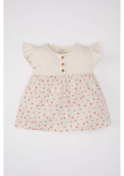 Kız Bebek Bisiklet Yaka Çiçekli Fitilli Kaşkorse Kısa Kollu Tişört C3985A524SM
