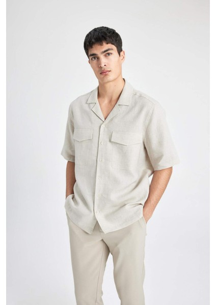 %100 Keten Relax Fit Polo Yaka Yazlık Basic Düz Kısa Kollu Gömlek B6687AX24SP indirimleri