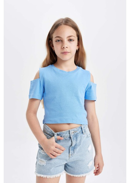 Kız Çocuk Slim Fit Dar Kesim Bisiklet Yaka Basic Düz Ribana Kısa Kollu Tişört C9714A824HS