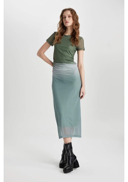 Bodycon Bisiklet Yaka Degrade Kısa Kollu Midi Tül Elbise C5926AX24SP
