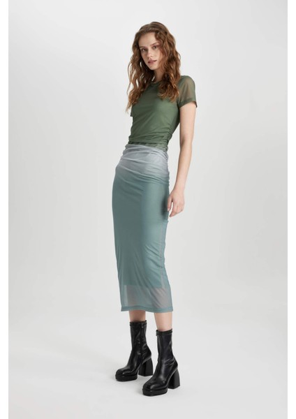 Bodycon Bisiklet Yaka Degrade Kısa Kollu Midi Tül Elbise C5926AX24SP