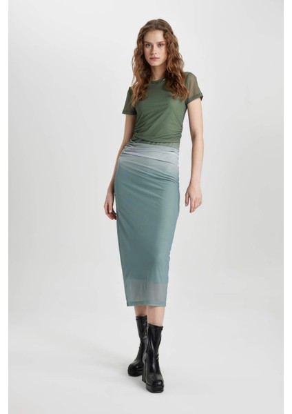 Bodycon Bisiklet Yaka Degrade Kısa Kollu Midi Tül Elbise C5926AX24SP
