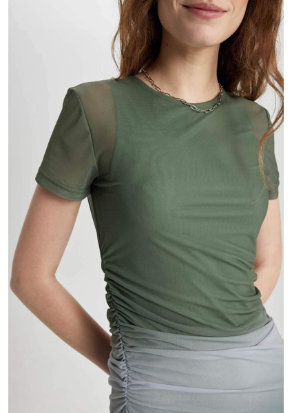 Bodycon Bisiklet Yaka Degrade Kısa Kollu Midi Tül Elbise C5926AX24SP
