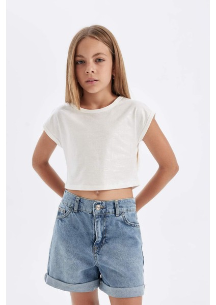 Kız Çocuk Slim Fit Dar Kesim Bisiklet Yaka Fitilli Kaşkorse Kısa Kollu Tişört C5467A824SM