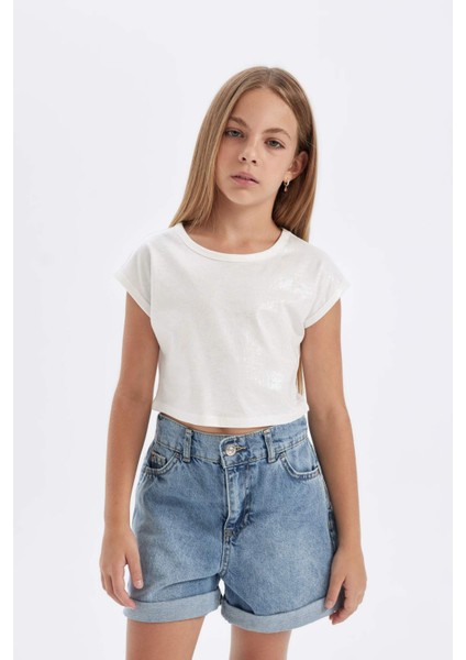 Kız Çocuk Slim Fit Dar Kesim Bisiklet Yaka Fitilli Kaşkorse Kısa Kollu Tişört C5467A824SM