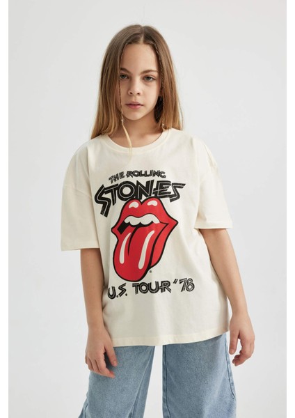 Kız Çocuk Rolling Stones Oversize Geniş Kalıp Bisiklet Yaka Kısa Kollu Tişört C1720A824SM