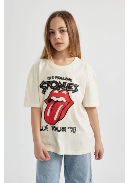 Kız Çocuk Rolling Stones Oversize Geniş Kalıp Bisiklet Yaka Kısa Kollu Tişört C1720A824SM