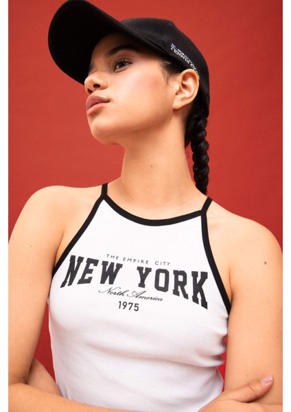 Fit Crop Bisiklet Yaka Baskılı Ribana Atlet B8972AX24SM