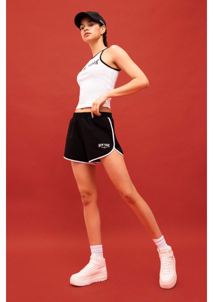 Fit Crop Bisiklet Yaka Baskılı Ribana Atlet B8972AX24SM