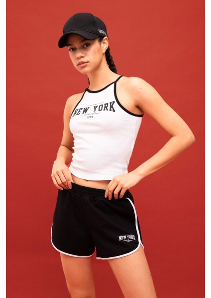 Fit Crop Bisiklet Yaka Baskılı Ribana Atlet B8972AX24SM