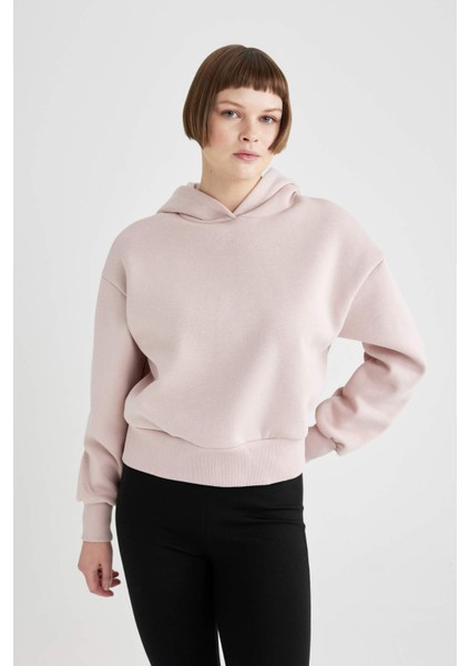 Boxy Fit Kapüşonlu Kalın Basic Düz Sweatshirt B8570AX23WN