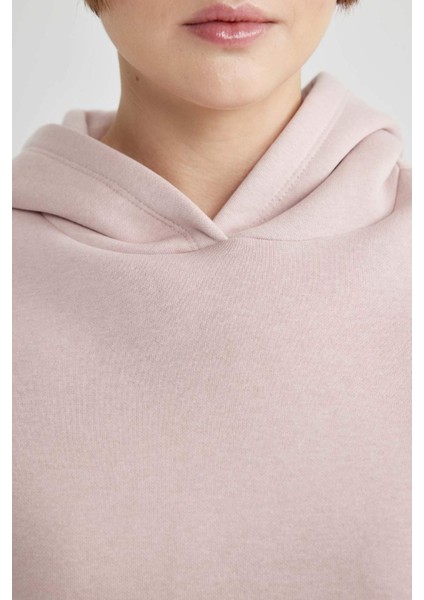 Boxy Fit Kapüşonlu Kalın Basic Düz Sweatshirt B8570AX23WN