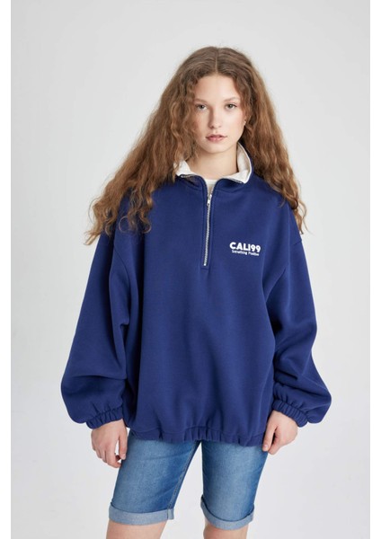 Oversize Geniş Kalıp Yarım Fermuarlı Nakışlı Kalın Sweatshirt C4581AX24SM