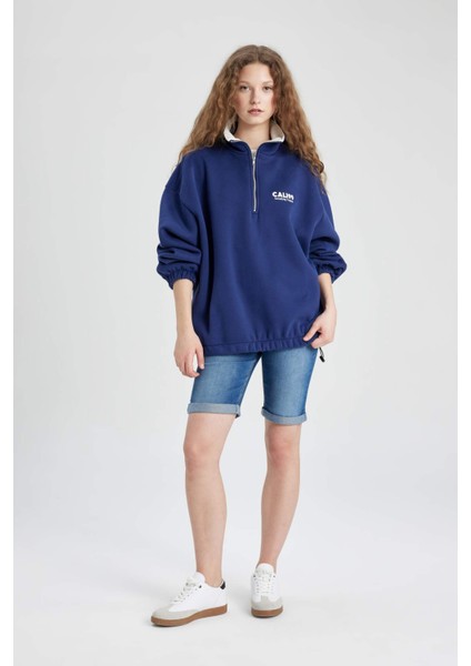 Oversize Geniş Kalıp Yarım Fermuarlı Nakışlı Kalın Sweatshirt C4581AX24SM