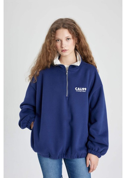 Oversize Geniş Kalıp Yarım Fermuarlı Nakışlı Kalın Sweatshirt C4581AX24SM