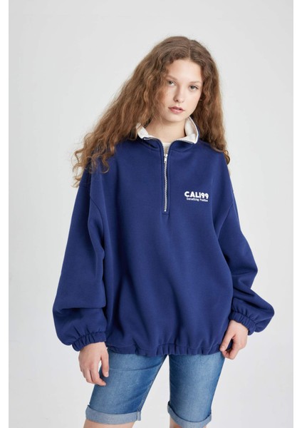 Oversize Geniş Kalıp Yarım Fermuarlı Nakışlı Kalın Sweatshirt C4581AX24SM