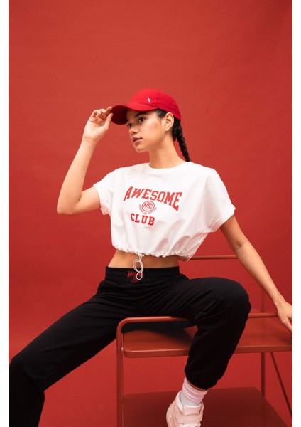 Fit Crop Bisiklet Yaka Baskılı Kısa Kollu Tişört B8967AX24SM