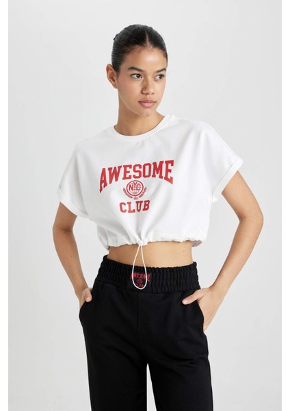 Fit Crop Bisiklet Yaka Baskılı Kısa Kollu Tişört B8967AX24SM