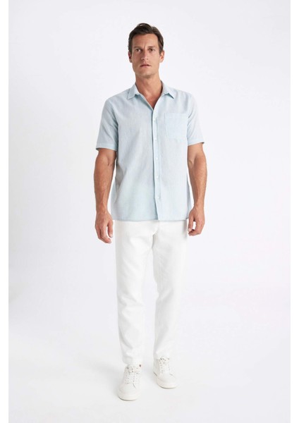 Regular Fit Yazlık Polo Yaka Keten Karışımlı Basic Düz Kısa Kollu Gömlek D4497AX24SM