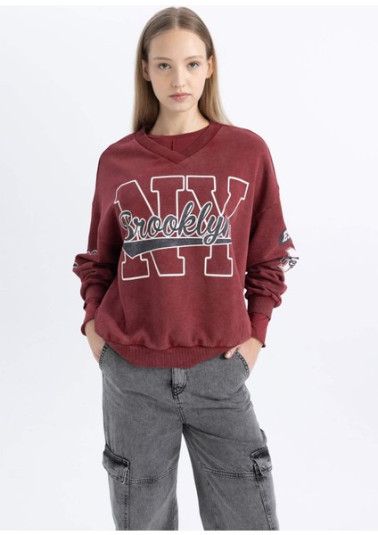 Coool Oversize Fit V Yaka Baskılı Yıkamalı Soluk Efektli Sweatshirt C4477AX24SP