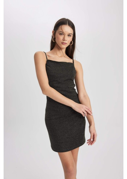 Bodycon Vücudu Saran Kare Yaka Askılı Mini Siyah Elbise B9711AX23WN