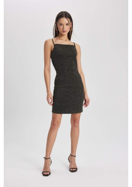 Bodycon Vücudu Saran Kare Yaka Askılı Mini Siyah Elbise B9711AX23WN