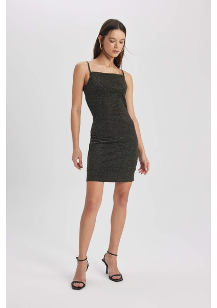 Bodycon Vücudu Saran Kare Yaka Askılı Mini Siyah Elbise B9711AX23WN