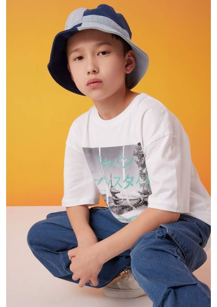 Erkek Çocuk Oversize Geniş Kalıp Bisiklet Yaka Baskılı Kısa Kollu Tişört modelleri