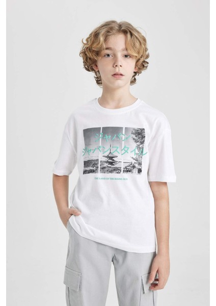 Erkek Çocuk Oversize Geniş Kalıp Bisiklet Yaka Baskılı Kısa Kollu Tişört fırsatları