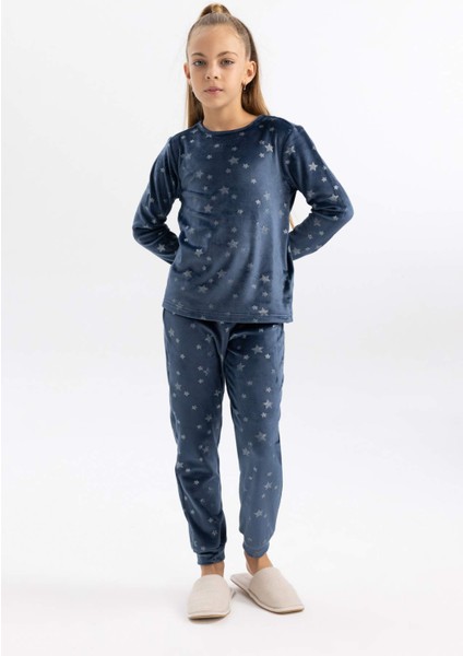 Kız Çocuk Desenli Uzun Kollu Kadife Mini Me Pijama Takımı B3367A823WN