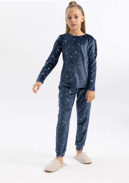Kız Çocuk Desenli Uzun Kollu Kadife Mini Me Pijama Takımı B3367A823WN