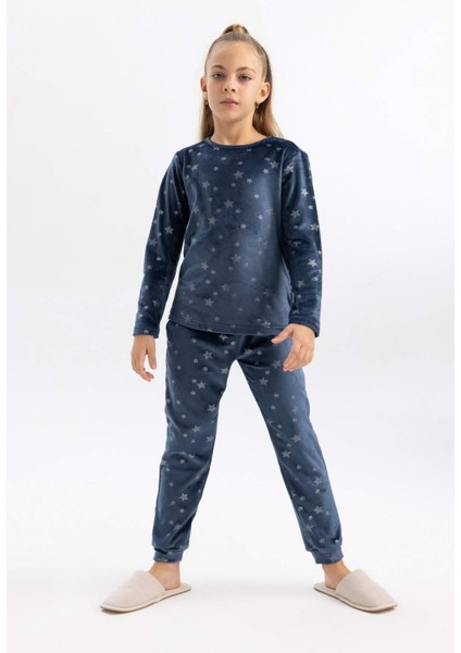 Kız Çocuk Desenli Uzun Kollu Kadife Mini Me Pijama Takımı B3367A823WN