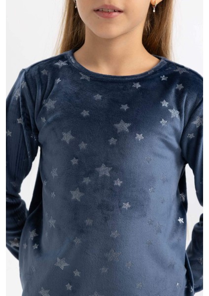 Kız Çocuk Desenli Uzun Kollu Kadife Mini Me Pijama Takımı B3367A823WN