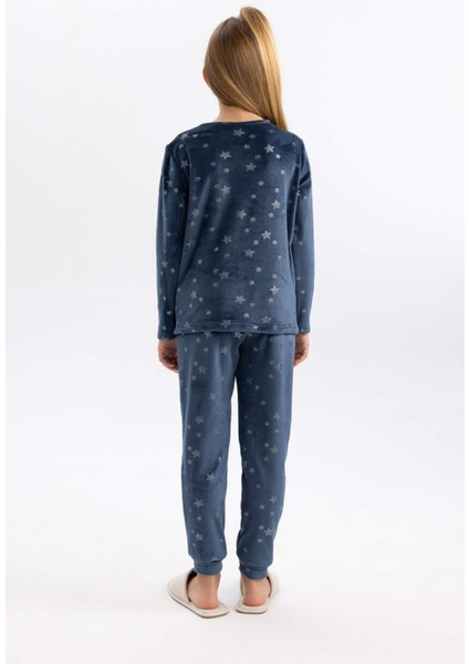 Kız Çocuk Desenli Uzun Kollu Kadife Mini Me Pijama Takımı B3367A823WN