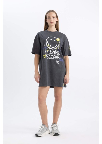 Coool SmileyWorld Bisiklet Yaka Penye Kısa Kollu Mini Tişört Elbise