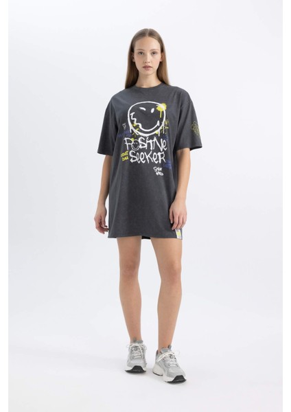 Coool SmileyWorld Bisiklet Yaka Penye Kısa Kollu Mini Tişört Elbise modelleri