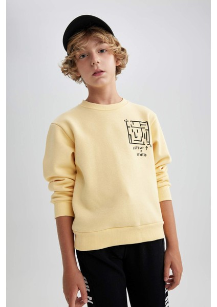Erkek Çocuk Bisiklet Yaka Baskılı Kalın Sweatshirt B2284A823WN