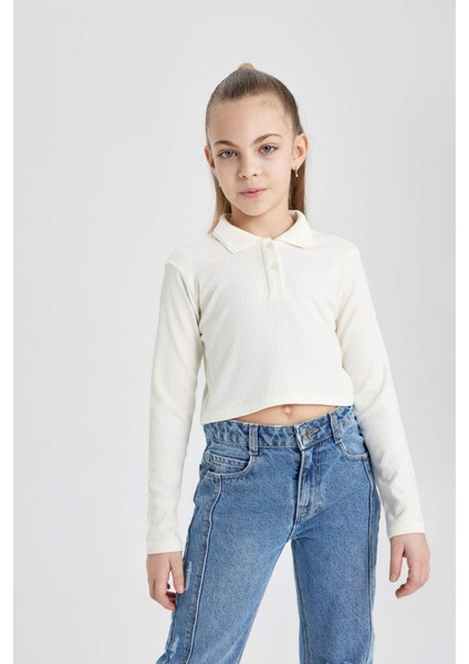 Kız Çocuk Polo Yaka Ribana Uzun Kollu Basic Düz Tişört B7407A824SP modelleri