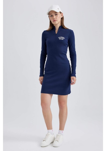 Coool Bodycon Yarım Balıkçı Yaka Fitilli Kaşkorse Uzun Kollu Mini Elbise B2467AX23AU