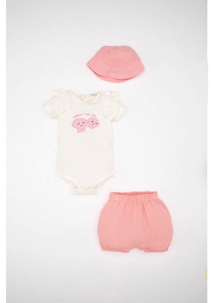 Kız Bebek 3'lü Takım Baskılı Müslin Kumaş Kısa Kollu Çıtçıtlı Body Şort Şapka D0789A524HS