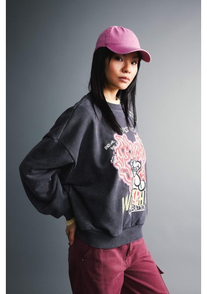 Coool Oversize Geniş Kalıp Baskılı Bisiklet Yaka Soluk Yıkama Efektli Kalın Sweatshirt B9427AX23WN