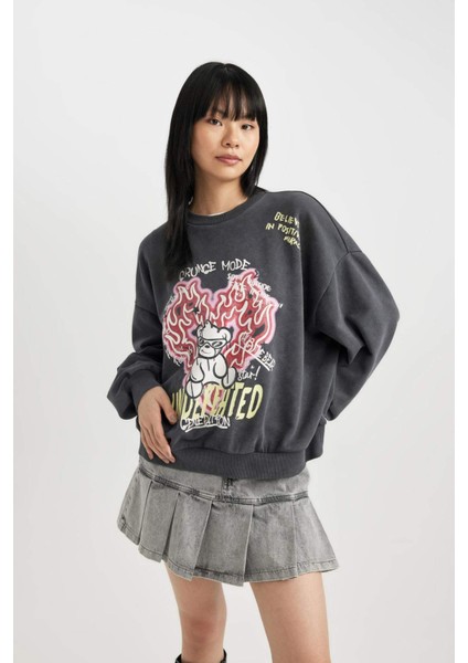 Coool Oversize Geniş Kalıp Baskılı Bisiklet Yaka Soluk Yıkama Efektli Kalın Sweatshirt B9427AX23WN